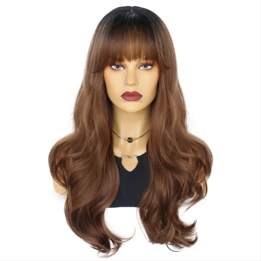 Long Brown Natural Straight Synthetic Wig With Bangs Heat Resistant 24 Inches